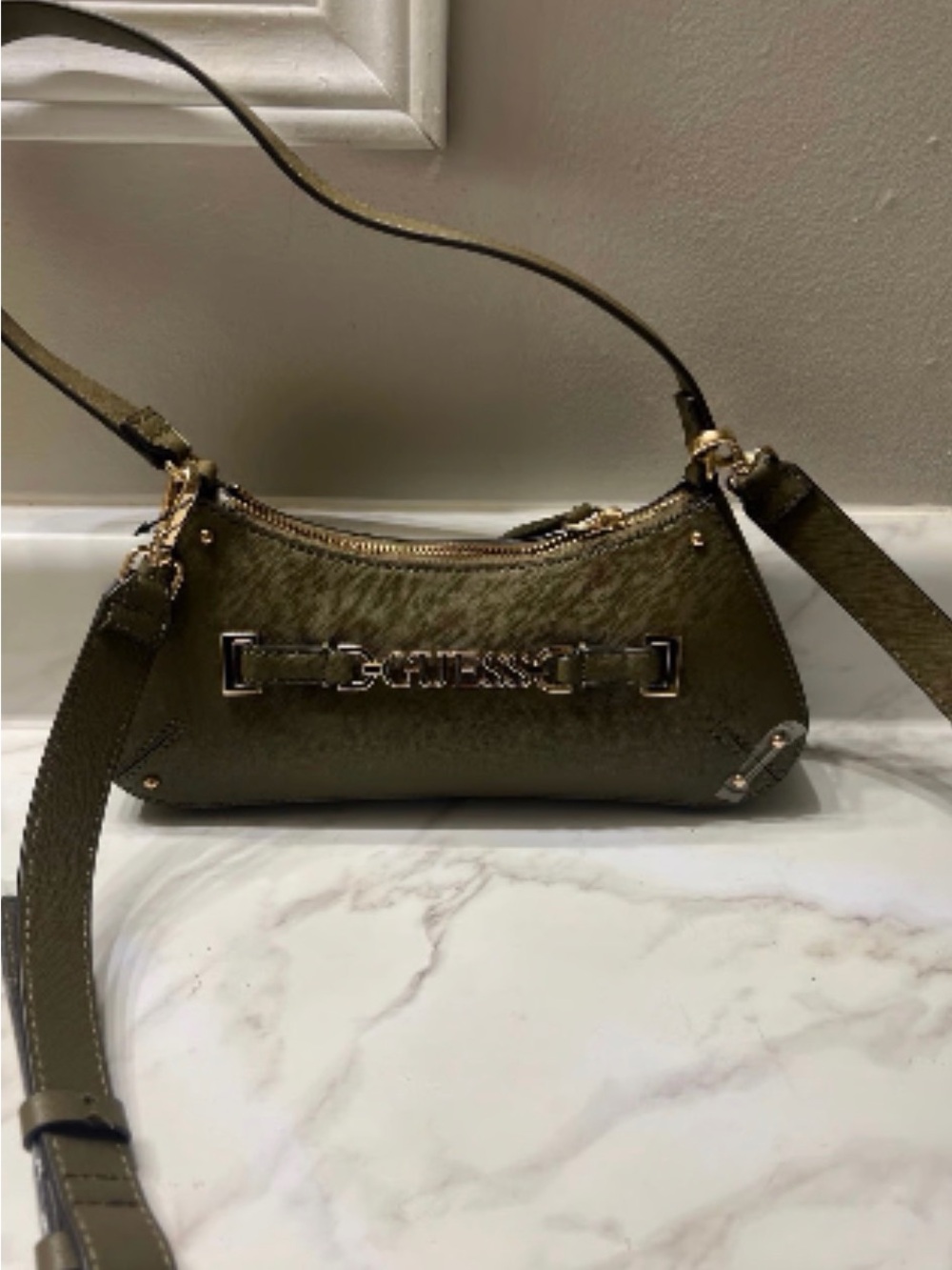 Guess Olive Green Shoulder Bag with Gold Hardware